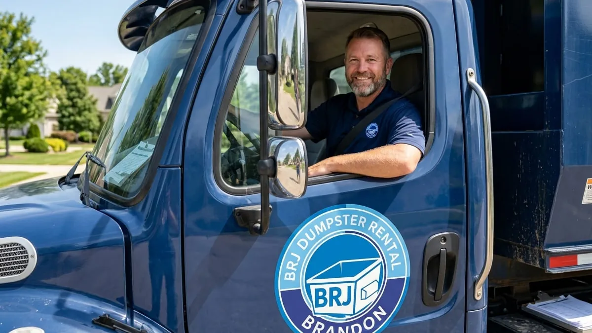 BRJ Dumpster Rental driver talking a customer through container placement in Brandon, FL