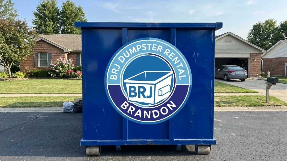 BRJ Dumpster Rental crew standing with a roll-off truck and 30 yard dumpster in a Brandon, FL driveway BRJ Dumpster Rental crew standing with a roll-off truck and 30 yard dumpster in a Brandon, FL driveway