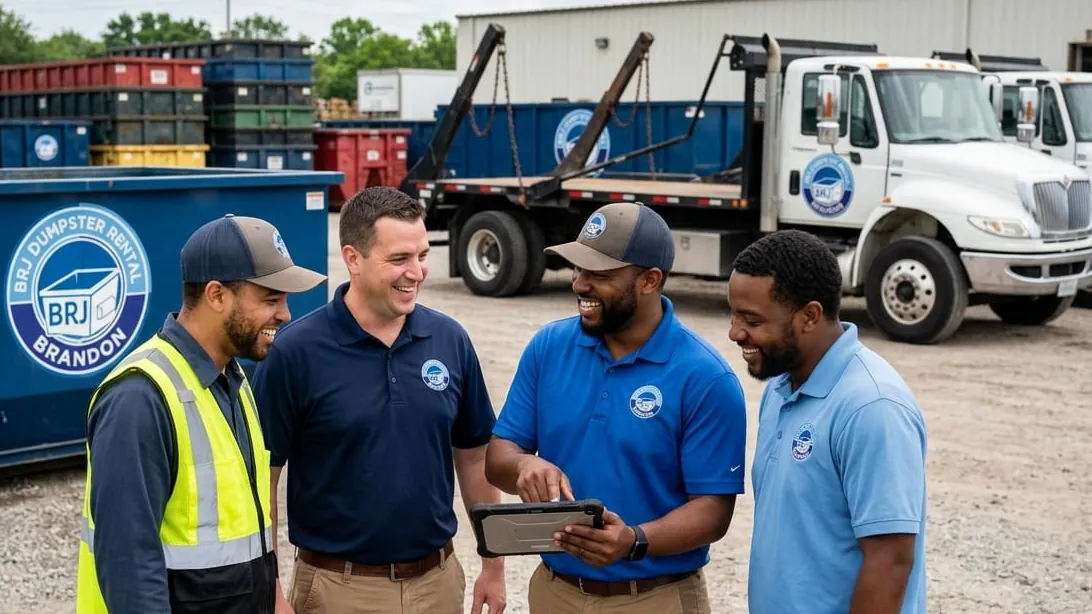 The BRJ Dumpster Rental Brandon crew talking through the day’s routes at the yard