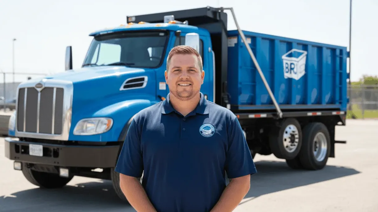 A BRJ Dumpster Rental Brandon driver beside the roll-off truck fleet on South Parsons Avenue